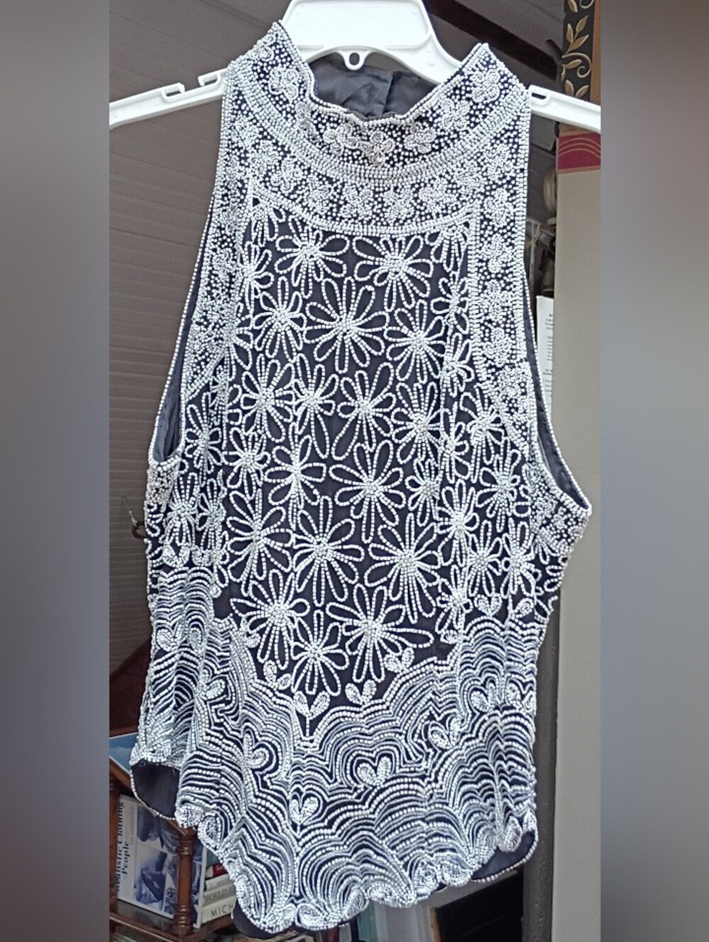 Beaded High-Neck Black Halter  Top with White Floral Design
